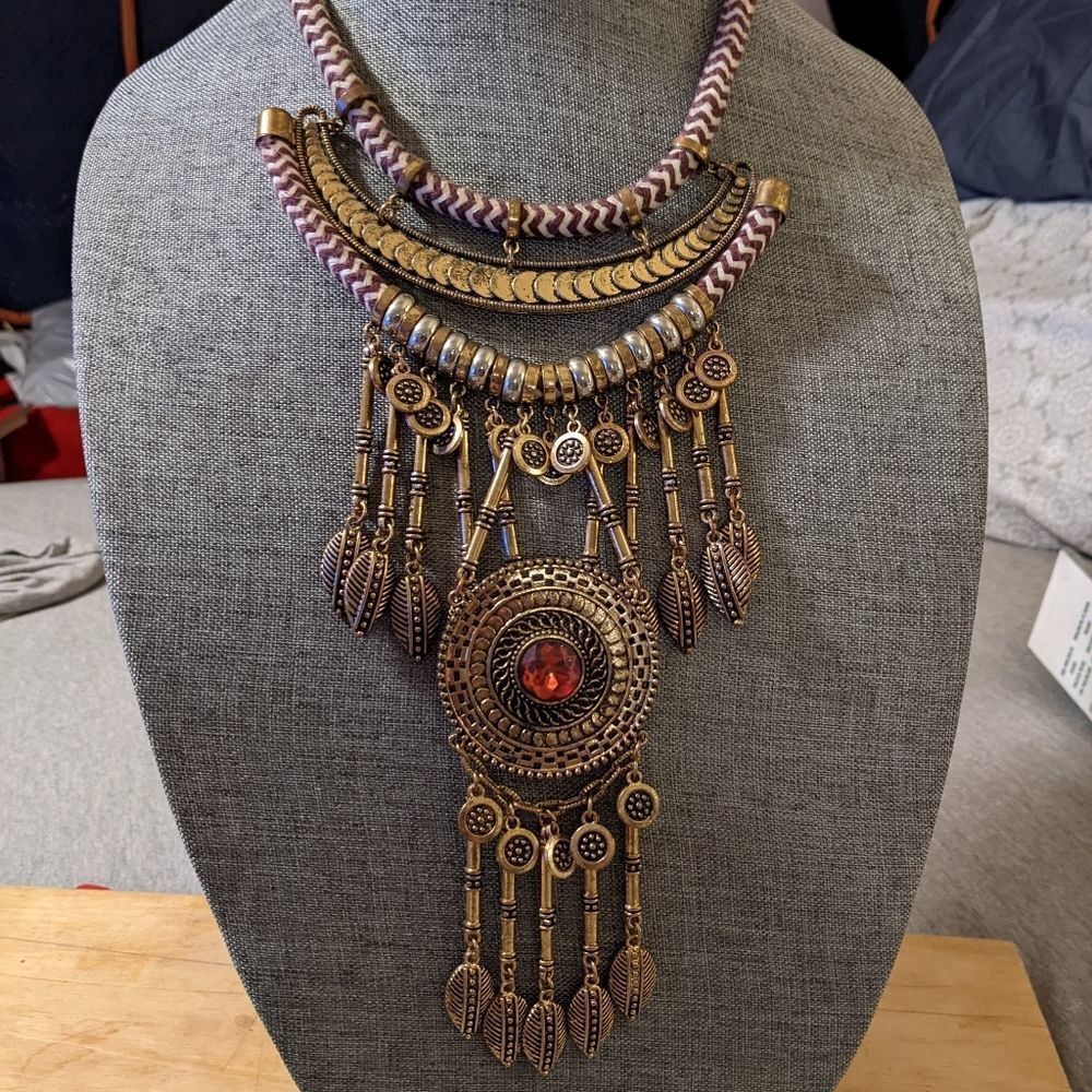 Large vintage copper silver red rhinestone tassel boho tribal statement necklace